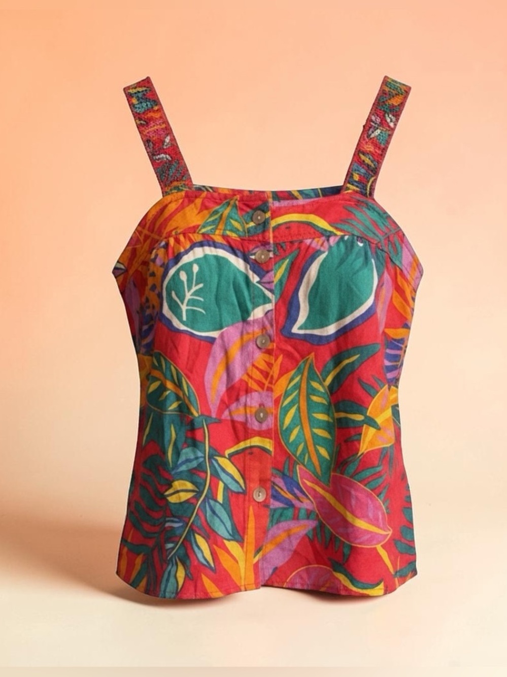 100% Linen - Bright Red Tropical-Print Button-Front Women's Tank Top